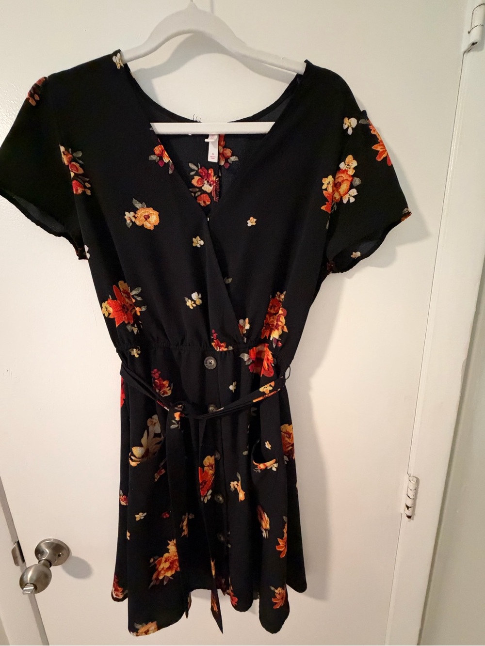 Xhilaration Black Floral Midi Dress with Orange & Yellow Blooms